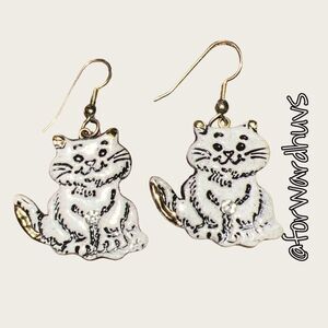 Silver Tone Cat Dangle Earrings with Rhinestone Accents